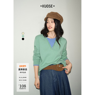 阔色黄色假两件毛衣2025秋冬季学院风穿搭新款女装针织衫上衣绿色