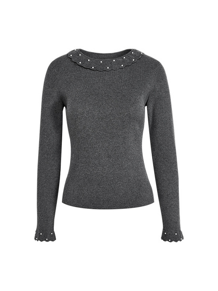 Dark gray long-sleeve knit sweater with pearl-accented collar and cuffs