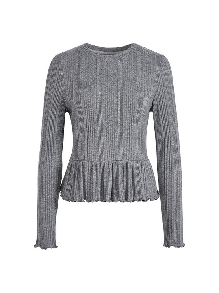 Gray ribbed long-sleeve knit peplum top on a white background