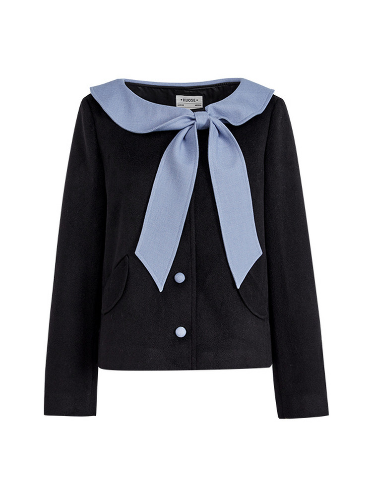 Black long-sleeve jacket with a light blue sailor collar and bow tie front