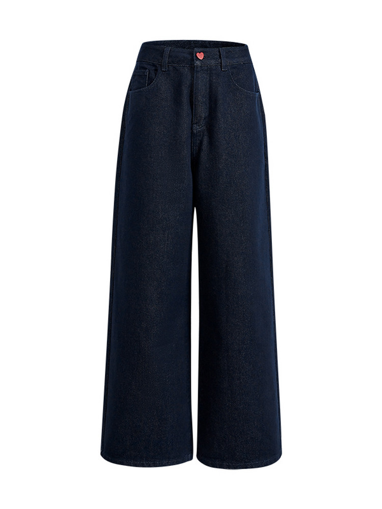 Dark wide-leg denim pants on a white background