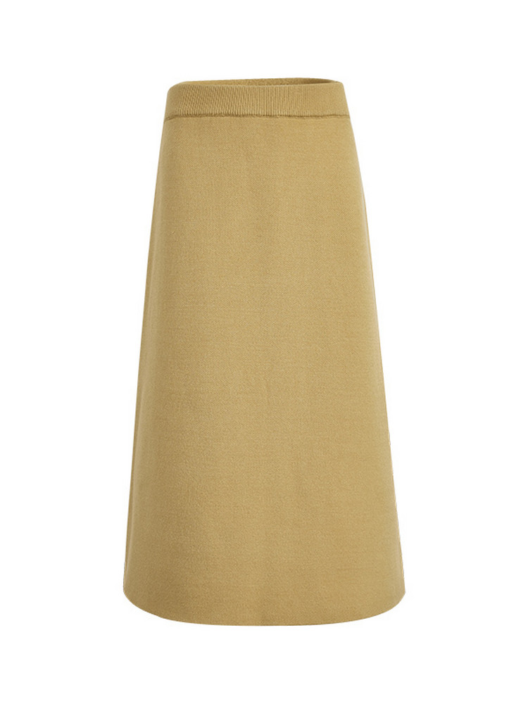 Beige A-line skirt laid flat on a white background