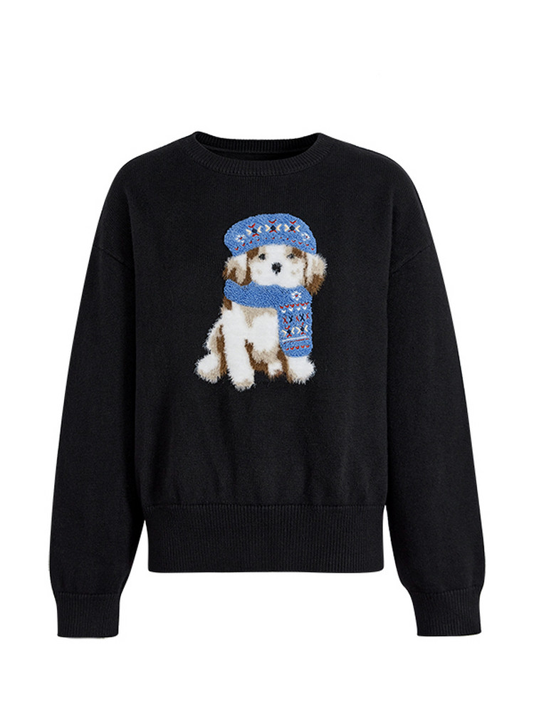 Black sweater with a puppy wearing a blue scarf and hat