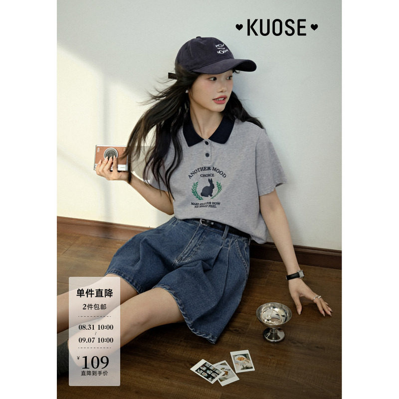 阔色美式兔子短袖纯棉T恤女2025春夏季新款灰色polo领短款上衣