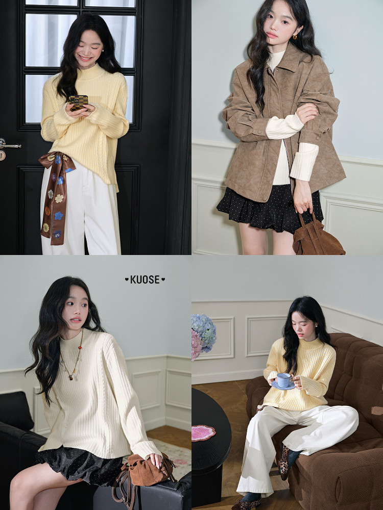 Collage of models wearing a cream ribbed knit sweater styled in casual outfits