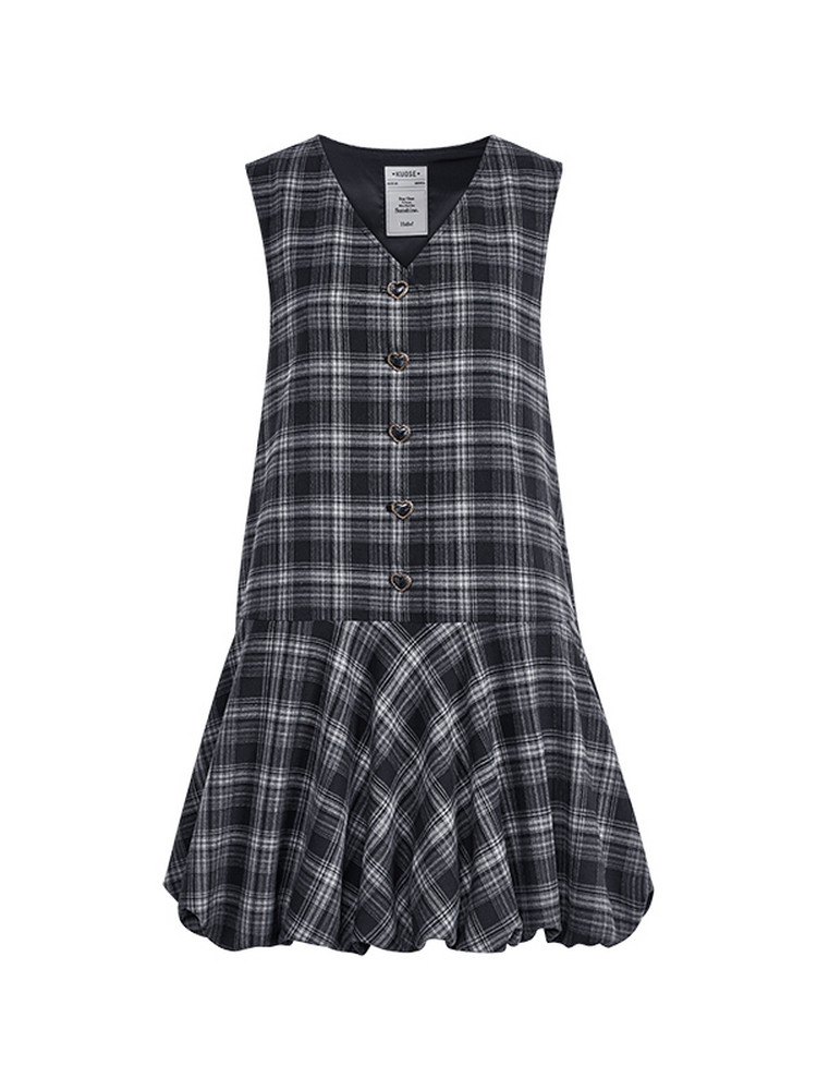 Black and gray plaid sleeveless dress with heart-shaped buttons
