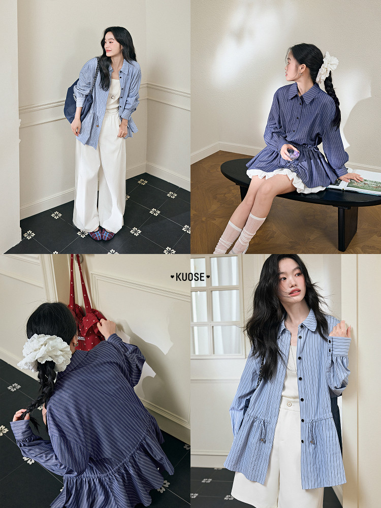 Blue striped long shirt worn by a model in multiple poses