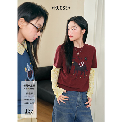 红色短袖针织衫叠穿好看的内搭