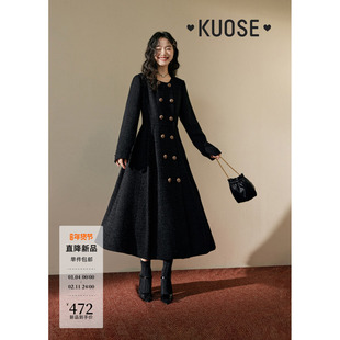 阔色黑色小香风连衣裙女2023秋冬季新款双排扣外套中长款收腰裙子