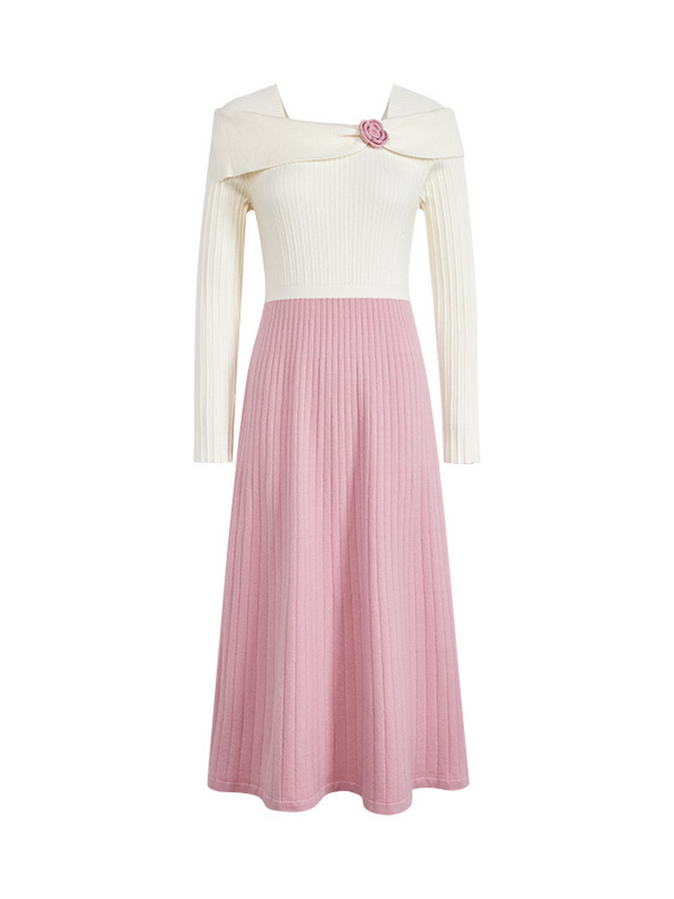 Pink and cream off-shoulder long-sleeve knit dress on a white background