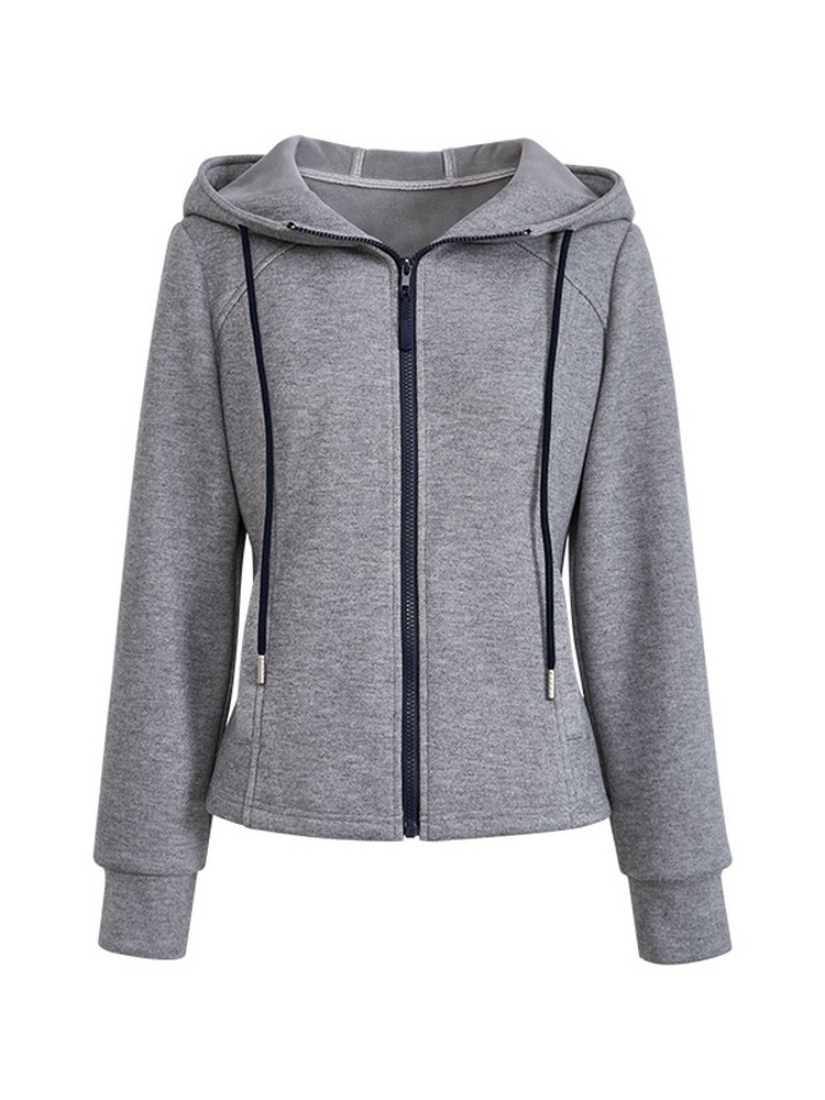Gray zip-up hooded sweatshirt with drawstrings on white background