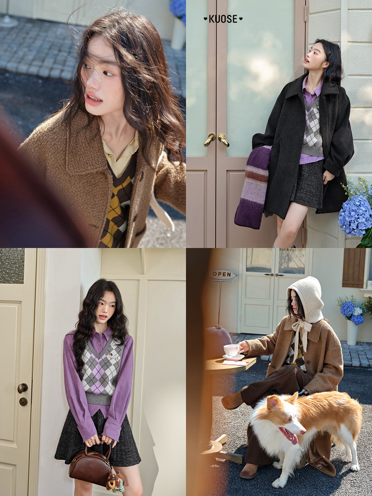 Models wearing a brown coat over a purple argyle layered outfit