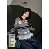 新款 2025秋冬季 灰色翻领毛衣 女装 阔色条纹麻花拼接网纱花边针织衫