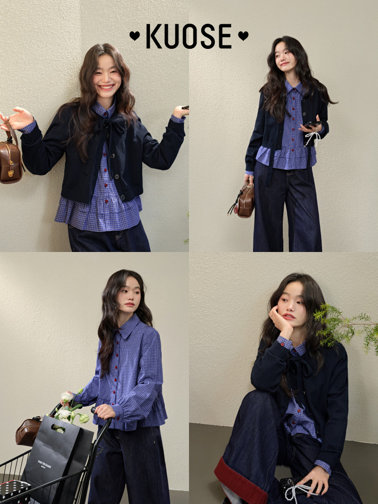 Model wearing a navy layered outfit with a purple checkered shirt and wide-leg pants