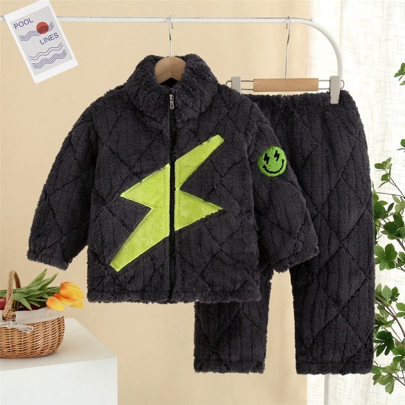 秋冬儿童睡衣拉链加绒加厚法兰绒男童大童珊瑚绒家居服套装可外穿