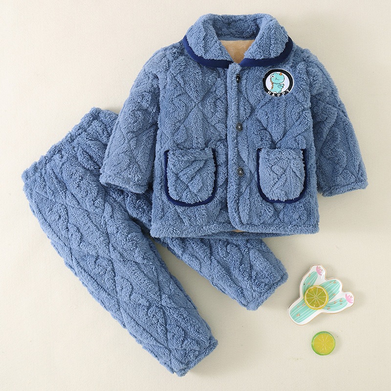 秋冬季儿童睡衣三层夹棉加厚保暖宝宝小中大童男孩家居服棉袄