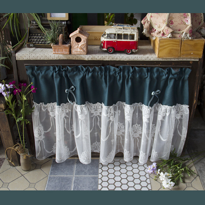 简美田园文艺墨绿色纱荷叶边北欧成品窗帘短帘门帘半帘穿杆短帘