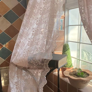 美式复古豆沙粉碎花窗纱波浪边蕾丝纱隔断橱窗窗纱 定制高度