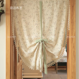 日式亚麻水溶花边提拉免安装小窗帘半遮光隔断厨卫成品麻色窗帘