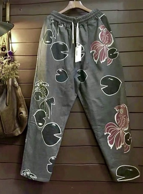 春秋冬装棉宽松哈伦印花女针织长裤休闲卫裤毛巾圈TINY CUTTLE