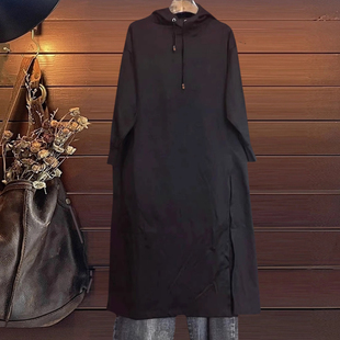 纯棉春秋新款针织连帽连衣裙长裙长袖外贸韩女黑色简约时尚休闲