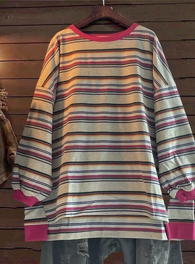 中长款宽松卫衣TINY CUTTLE春秋学院风女纯棉长袖T恤韩单条纹圆领