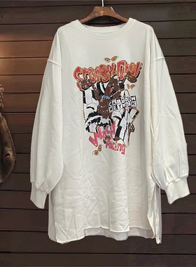 卫衣TINY CUTTLE秋春宽松休闲外套长款女棉韩单圆领长袖T恤白色