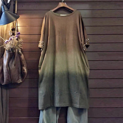 衣衫伴水ysbs日单外贸秋夏季宽松长款T恤女棉针织连衣裙渐变做旧