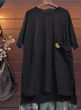 纯棉黑色TINY CUTTLE外贸夏季新款宽松恤衫薄款T恤女短袖针织上衣