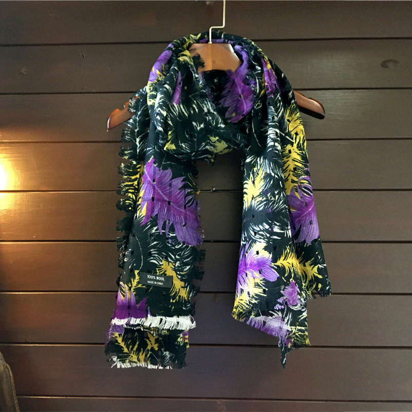 羊毛100%围巾女夏春秋冬舒适柔软高端纱巾花卉印花围巾披肩薄款