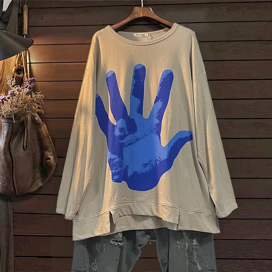 T恤TINY CUTTLE潮流休闲春秋宽松大码恤衫薄款女纯棉长袖上衣时尚