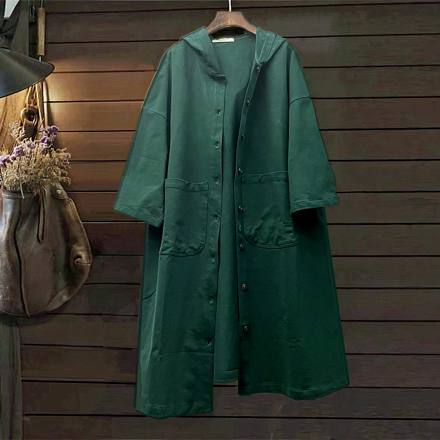 外贸韩单连帽风衣秋春冬外套宽松墨绿女棉胖长款过膝tiny cuttle