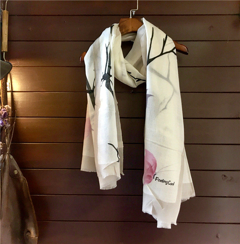 羊毛100%围巾女夏春秋冬舒适柔软高端纱巾花卉印花围巾披肩薄款