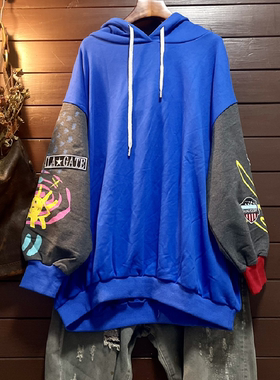 连帽卫衣TINY CUTTLE春秋宽松大码女装韩版显瘦休闲上衣蓝色拼接