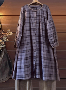 春秋风衣日韩宽松大码女纯棉格子立领长裙连衣裙过膝TINY CUTTLE