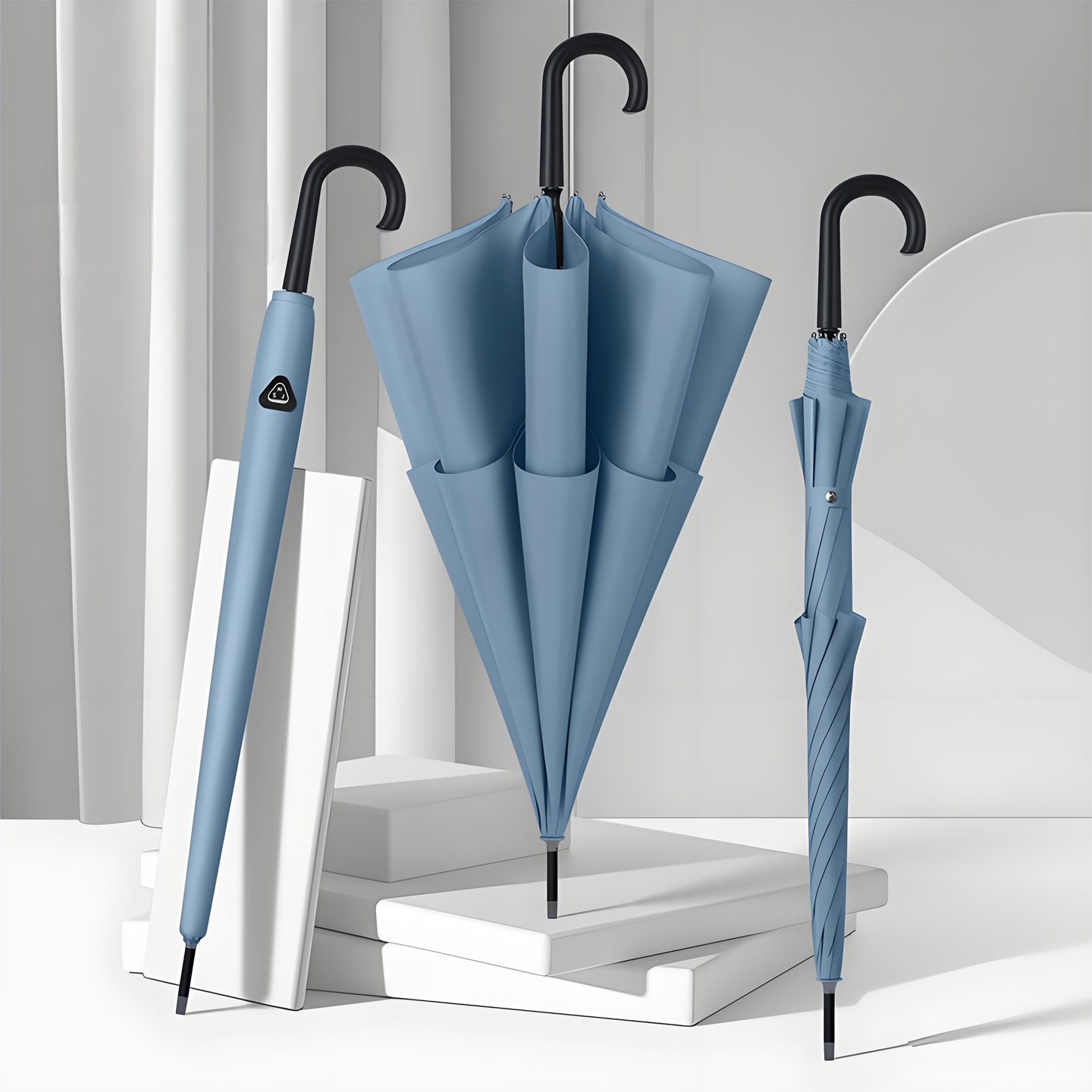 双层加固抗风弯钩长柄雨伞男生帅气大号双人大学生直柄伞纯色简约