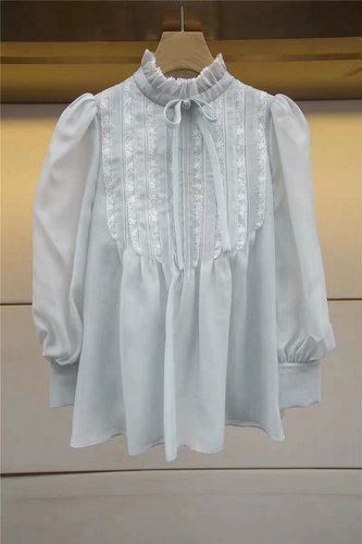 甜美风立领蝴蝶结系带灯笼袖衬衫