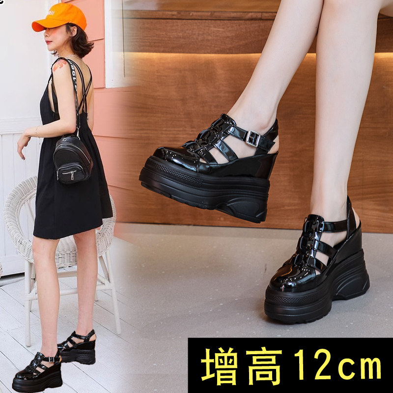女款松高凉鞋内增高12cm松糕厚底罗马半镂空休闲猪笼鞋包头小个子