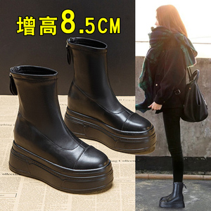 靴子女2023新款秋冬马丁靴厚底增高8cm烟筒瘦瘦靴小个子英伦短靴