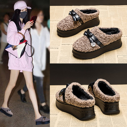 蝴蝶结毛毛鞋厚底外穿包头半拖鞋