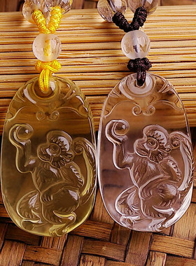 天然白水晶猴子吊坠生肖属相属猴