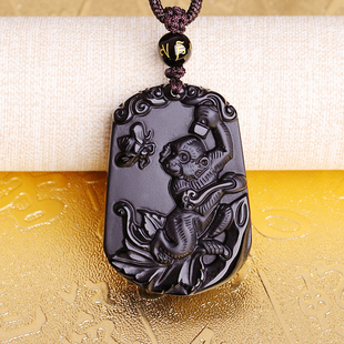 猴子吊坠黑曜石生肖属相马上封侯属猴佩戴吉祥物项链挂件饰品饰物