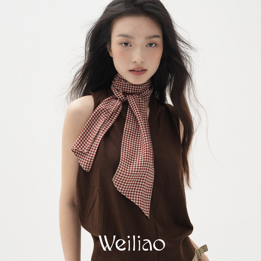 Weiliao 山茶花格纹基础丝巾丝带飘带百搭复古黑红棕春天法式格子