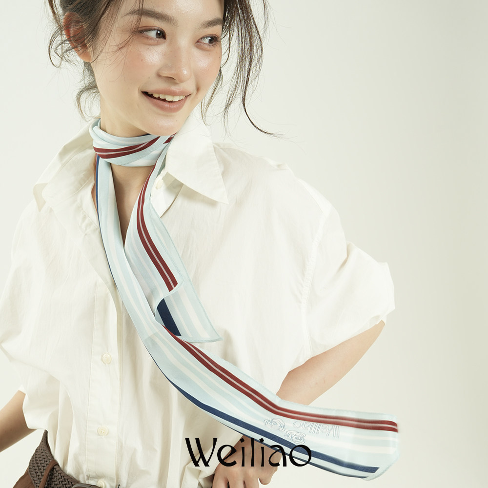Weiliao 原创山茶基础条纹系列真丝双绉飘带丝巾丝带百搭通勤简约
