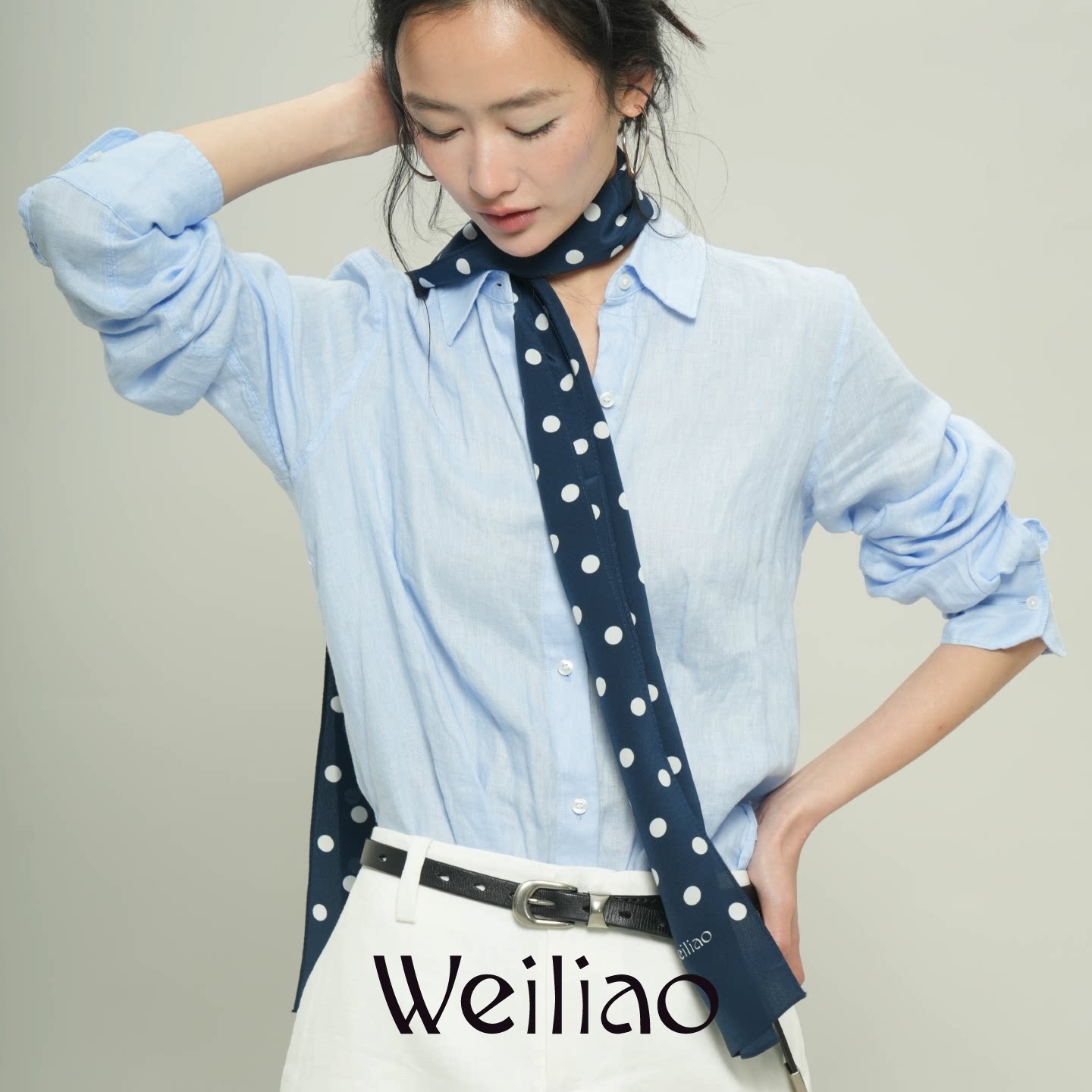 Weiliao 波点双绉真丝飘带丝巾复古通勤深蓝米白知性风