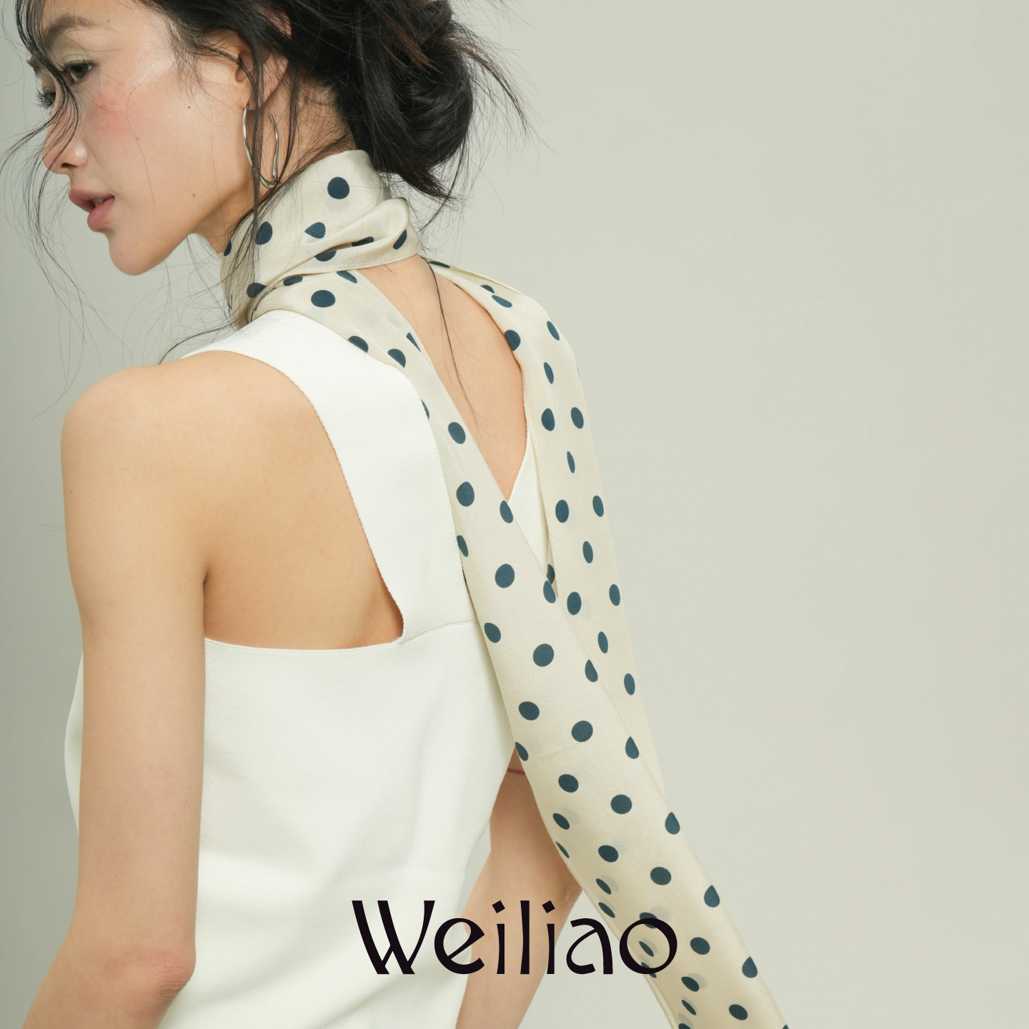 Weiliao 波点双绉真丝飘带丝巾复古通勤深蓝米白知性风