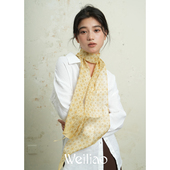 Weiliao 原创幸运四叶草真丝雪纺飘带丝带真丝巾蓝灰黄轻薄围巾