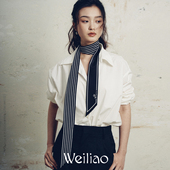 尉了Weiliao 原创基础山茶花条纹长条丝带真丝双绉双层极简蓝白黑