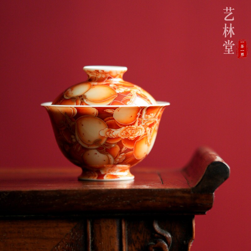 艺林藏珍矾红描金万桃盖碗