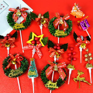 饰插件圣诞树松果铃铛烘焙雪花插牌花环甜品装 圣诞节蛋糕装 扮 包邮